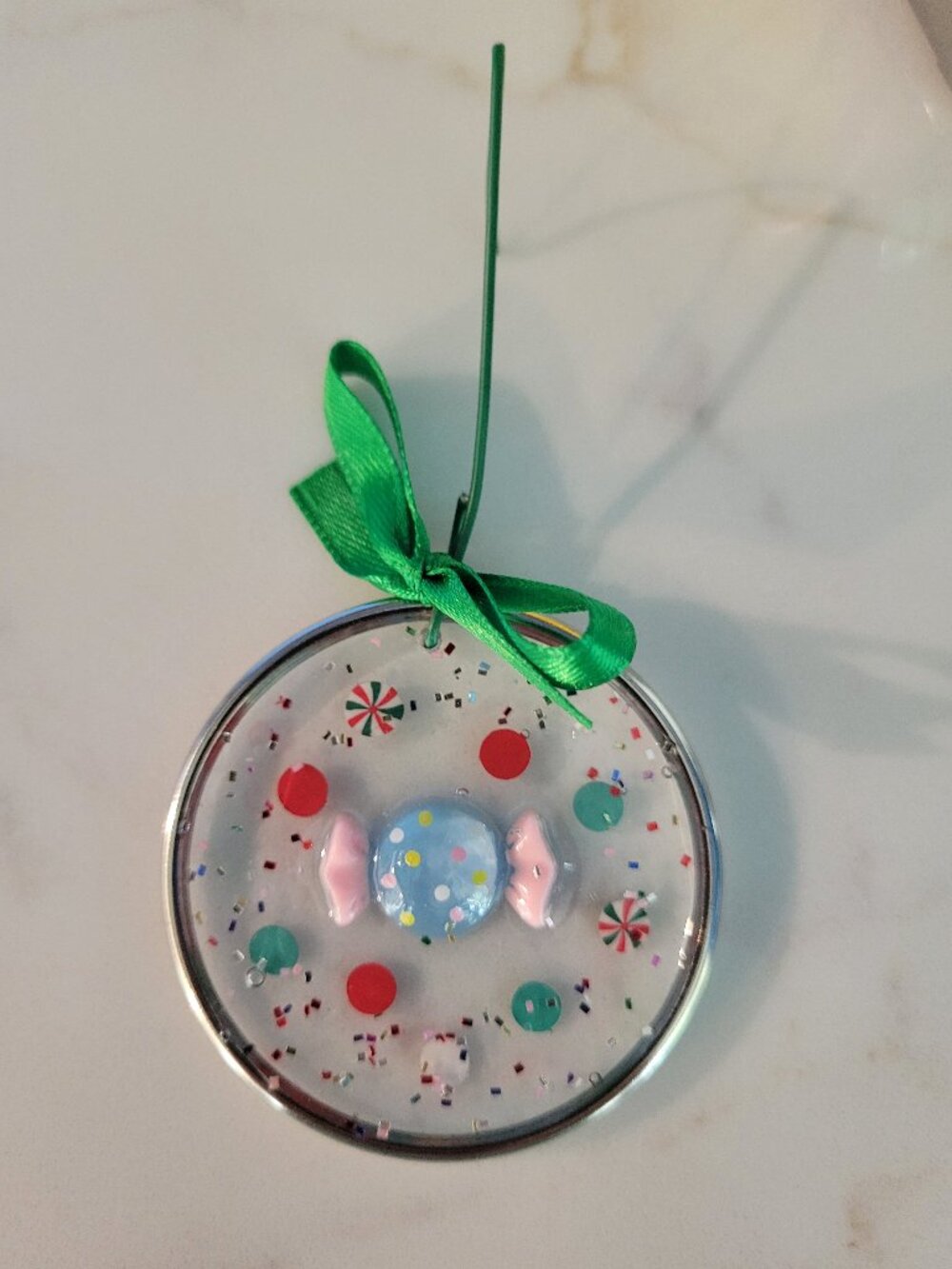 Handmade Candy Christmas Ornament | Resin Silver Bezel Holiday Tree Decor